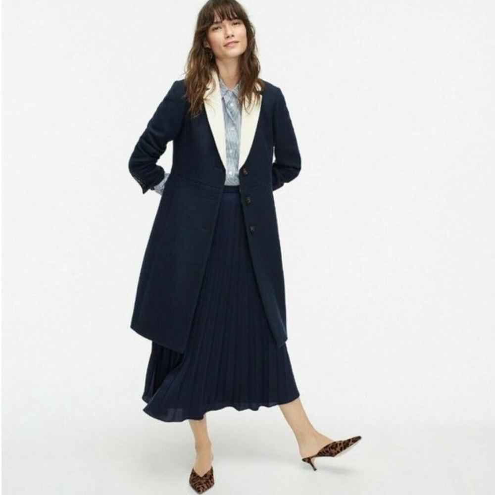 J. Crew 100% Wool Topcoat Contrast Lapel Double Serge Wool Navy Blue White 10 - Picture 3 of 9